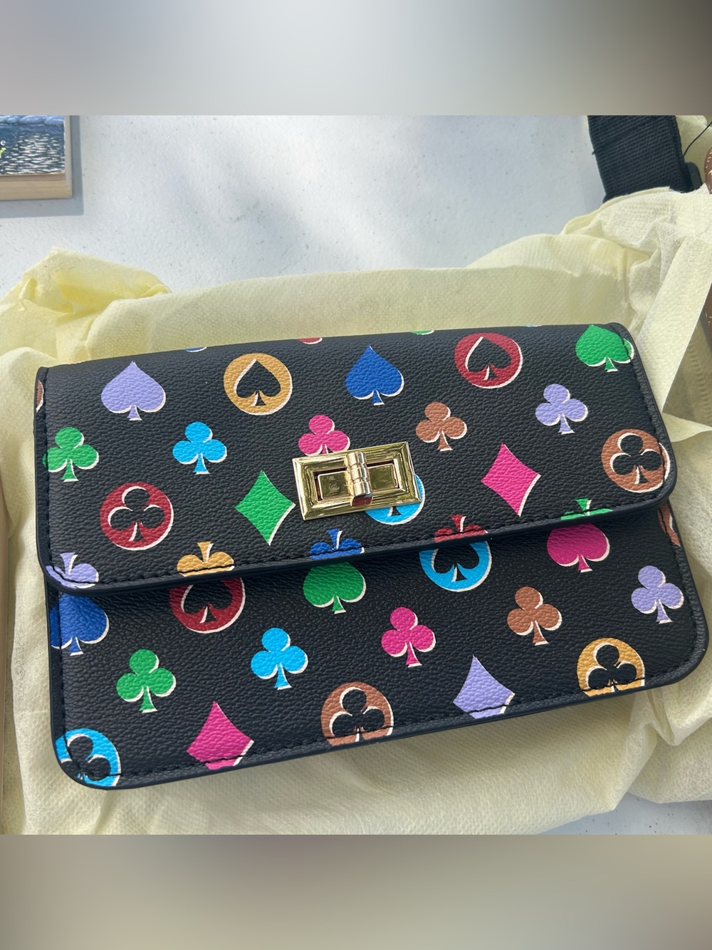 Black Multicolor Card Suit Print Crossbody Bag